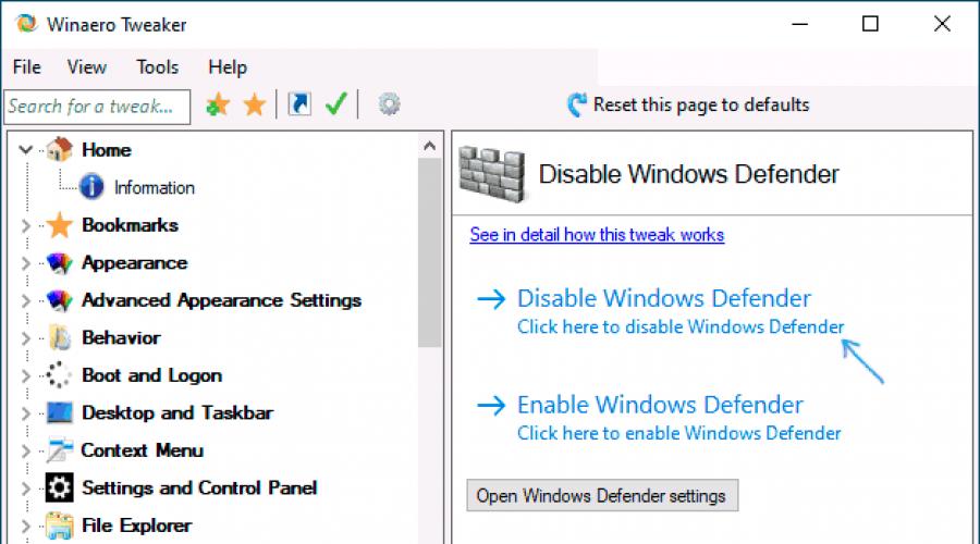 Ako úplne zakázať program Windows Defender (Microsoft Defender).  Povoliť a zakázať program Windows Defender Ako vypnúť systém ochrany Windows 10