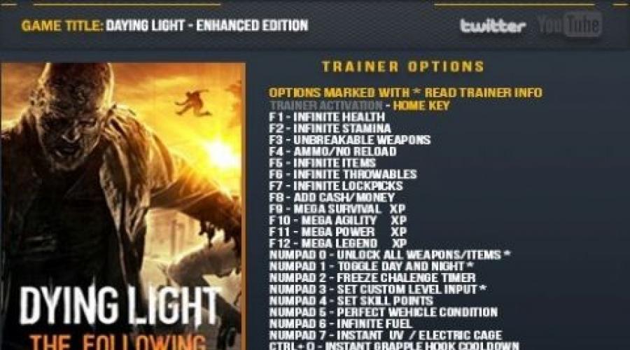 Dying Light The Following cheat for immortality.  files Download a working trainer for the game dying light